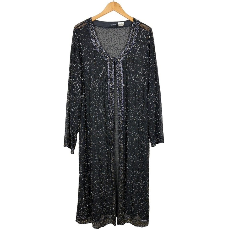 Ashro Black Beaded Duster Cardigan Long Sleeve Open Front Formal 14 Whimsy Goth